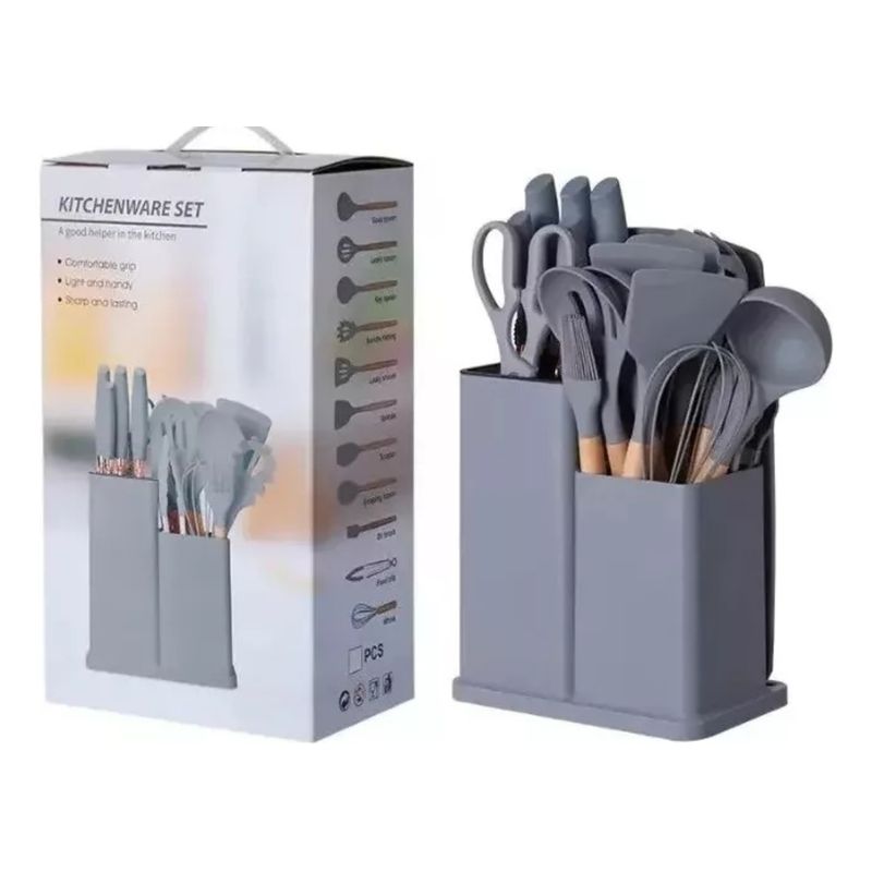 GENERICO - juego utensilios dilicona con soporte madera 19 piezas