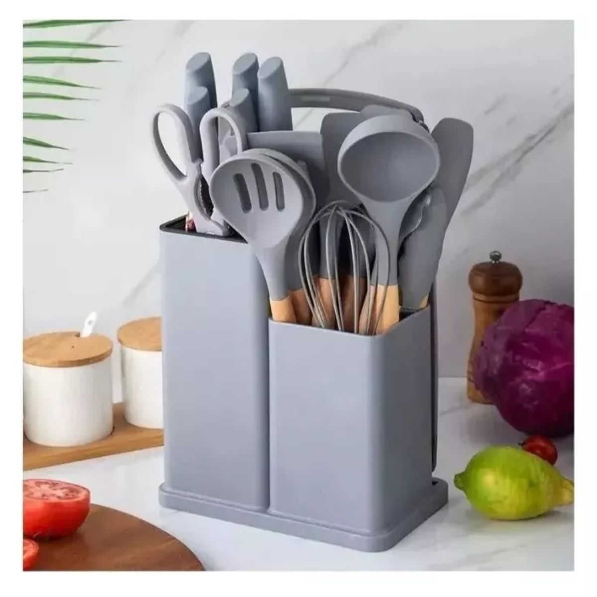 GENERICO - juego utensilios dilicona con soporte madera 19 piezas