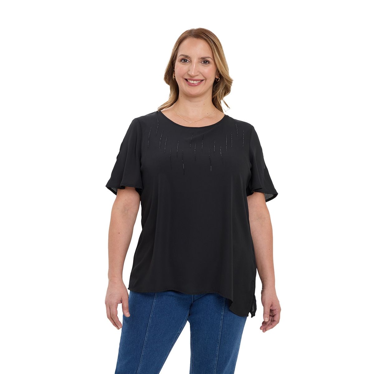FASHION'S PARK - Blusa Detalle Strass Y Apertura Negro Fashion's Park