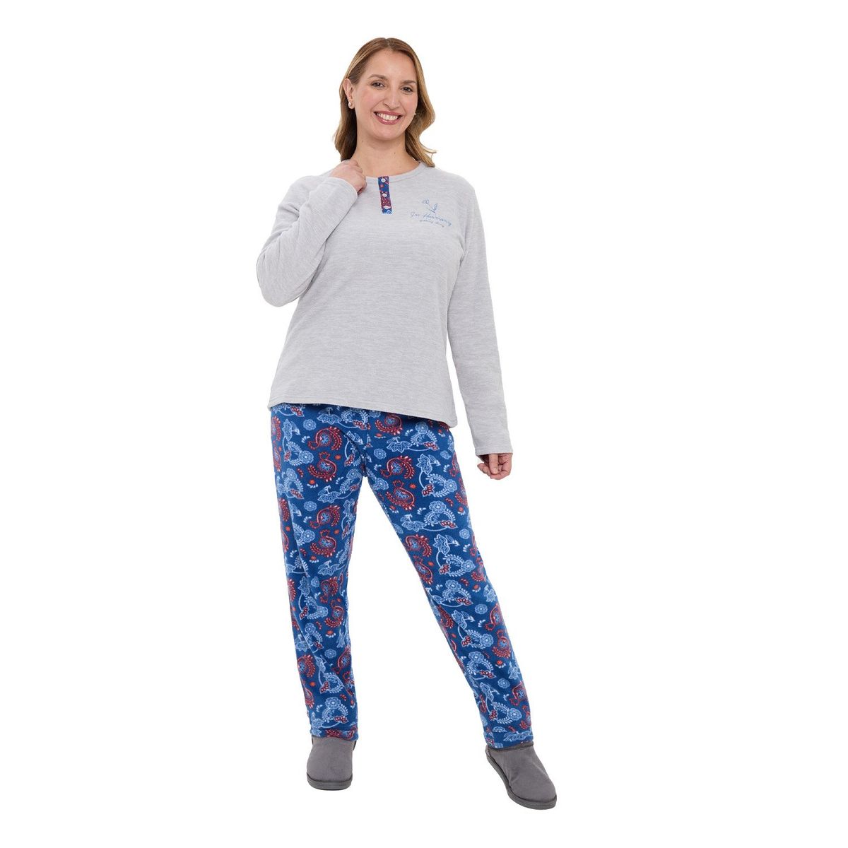 FASHION'S PARK - Pijama Mujer Polar Botón Gris Melange Fashion's Park