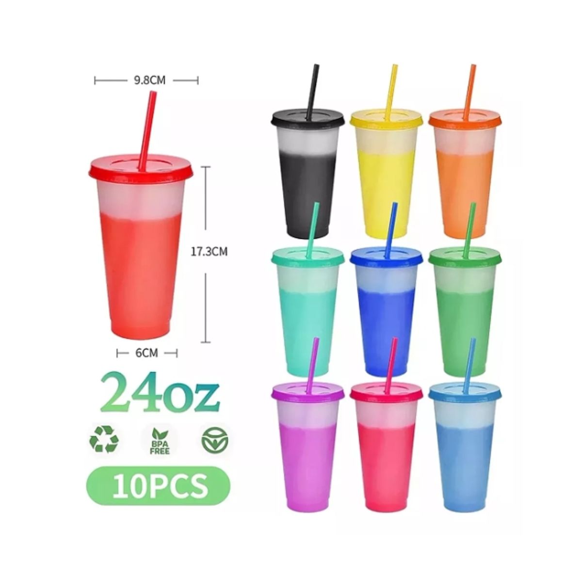 GENERICO - Vasos Magicos Cambian De Color Con Tapa Y Popote 710ml 10pzs