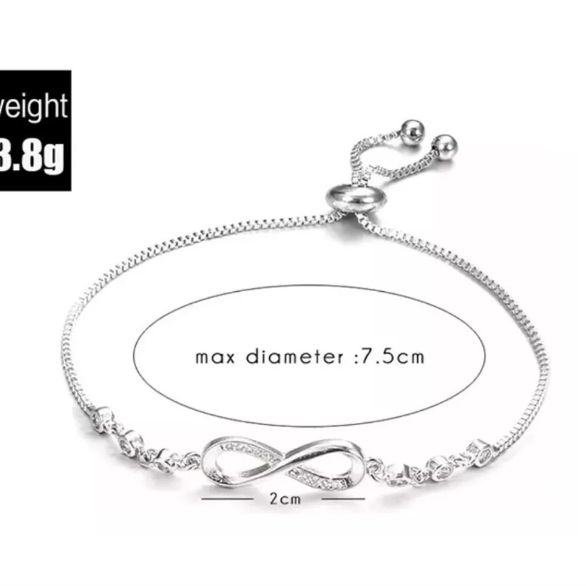 GENERICO - Pulsera Infinito Ajustable De Plata Ley S925 + Bolsa + Paño