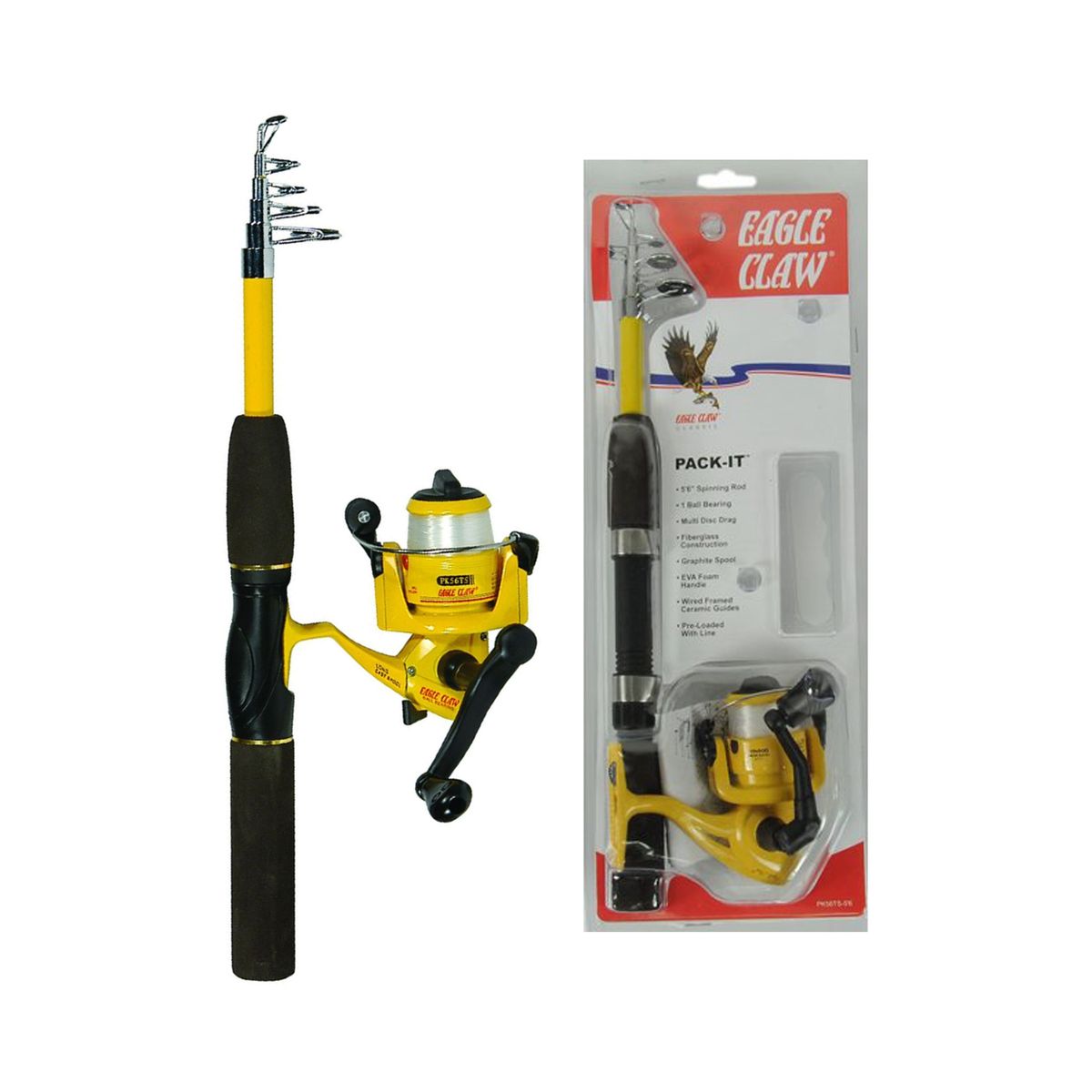 GENERICO - KIT CAÑA DE PESCAR SPIN 1,67 MT, 6 TRAMOS EAGLE CLAW