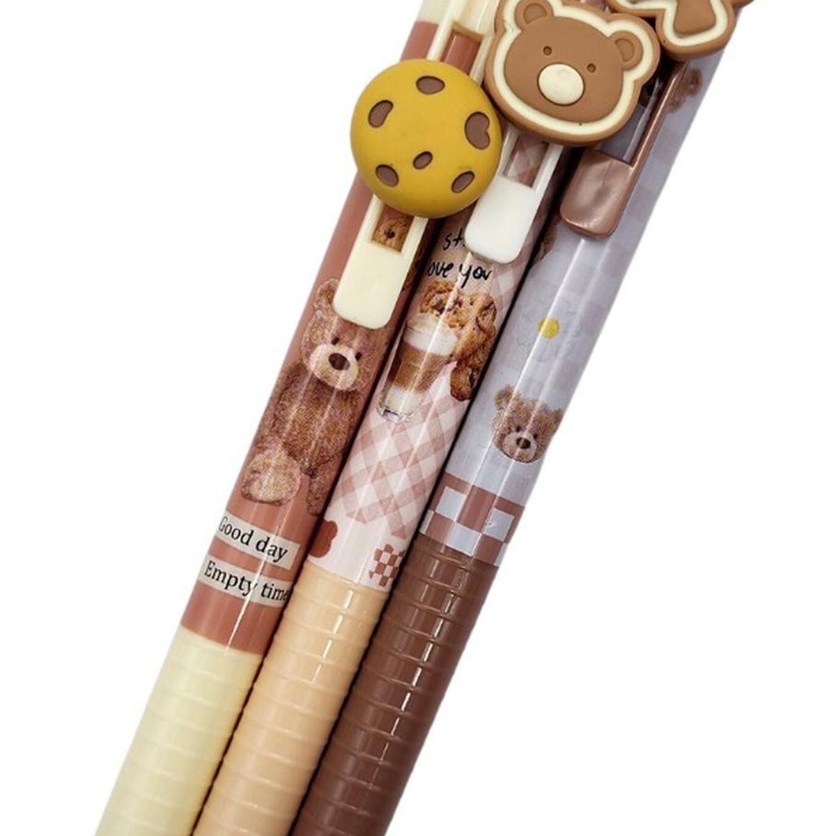 GENERICO - Set 3 Lápices Kawaii Cute Diseño Osito Tierno + Colgante