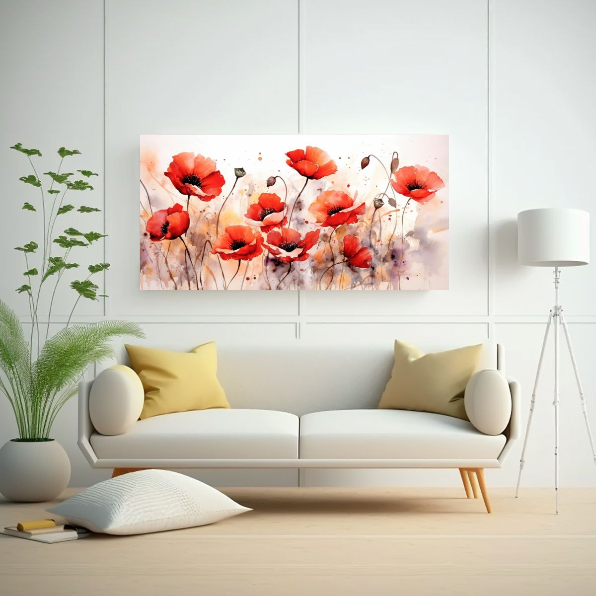 GENERICO - Cuadro Tela Flores De Amapola Rojas Con Simetría En Acuarel 60x30cm.