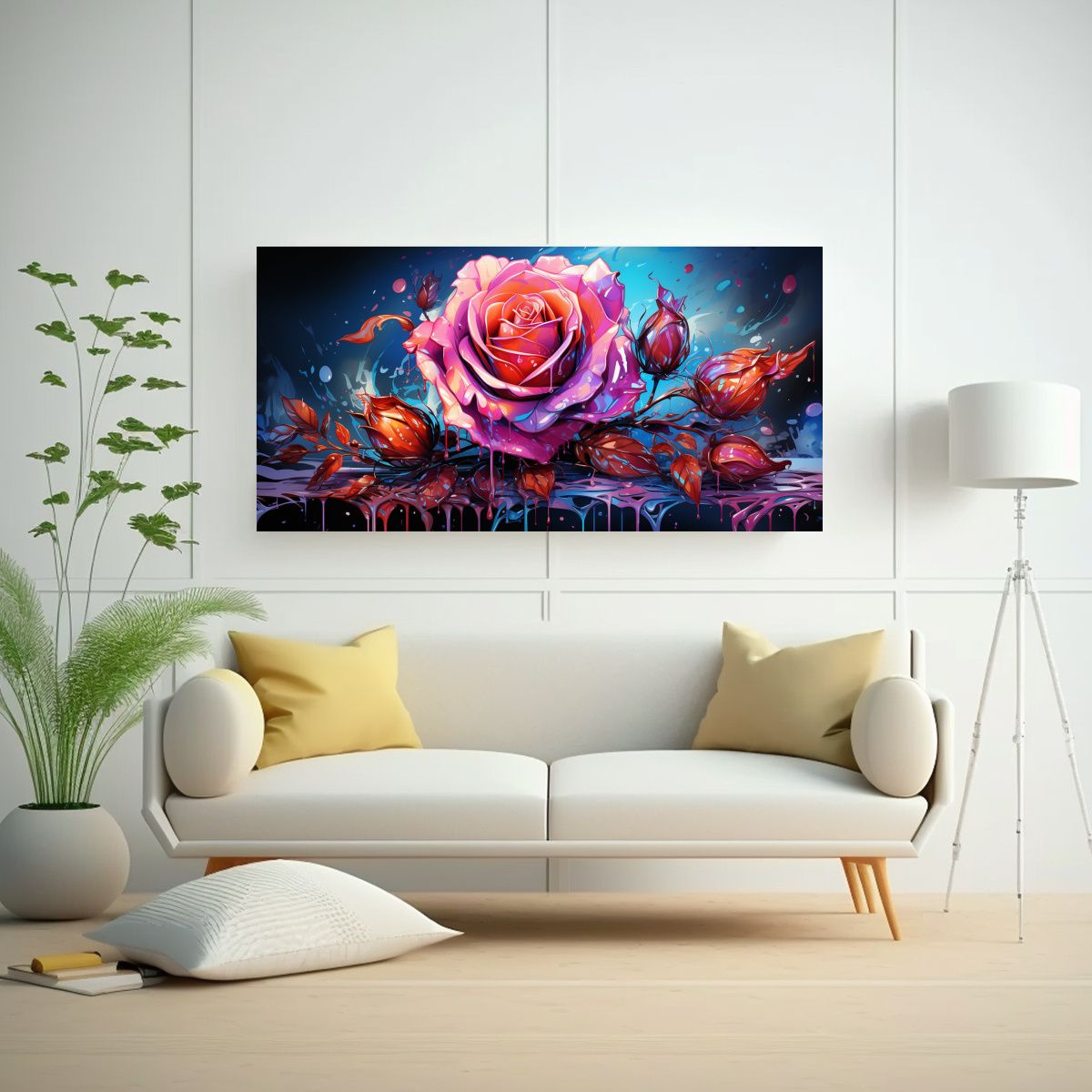 GENERICO - Cuadro Creativa Habitación Con Rosa Coloreada Y Goteos Pint 160x80cm