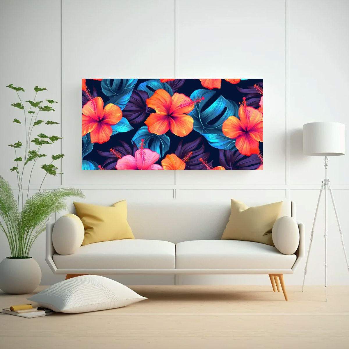 GENERICO - Lienzo Movimiento Colores Vibrantes Patrón De Flores Hibisc 160x80cm