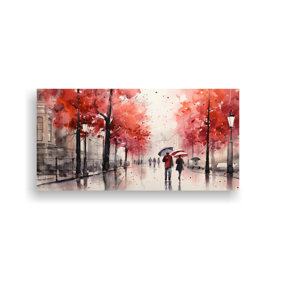 GENERICO - Paseo Bajo La Lluvia Con Paraguas Rojo Y árboles En Lienzo  160x80cm
