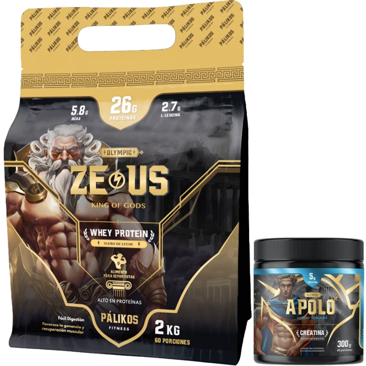 PALIKOS FITNESS - 100% Whey Protein Zeus 2kg Doypack Vainilla +Creatina Apolo 300g