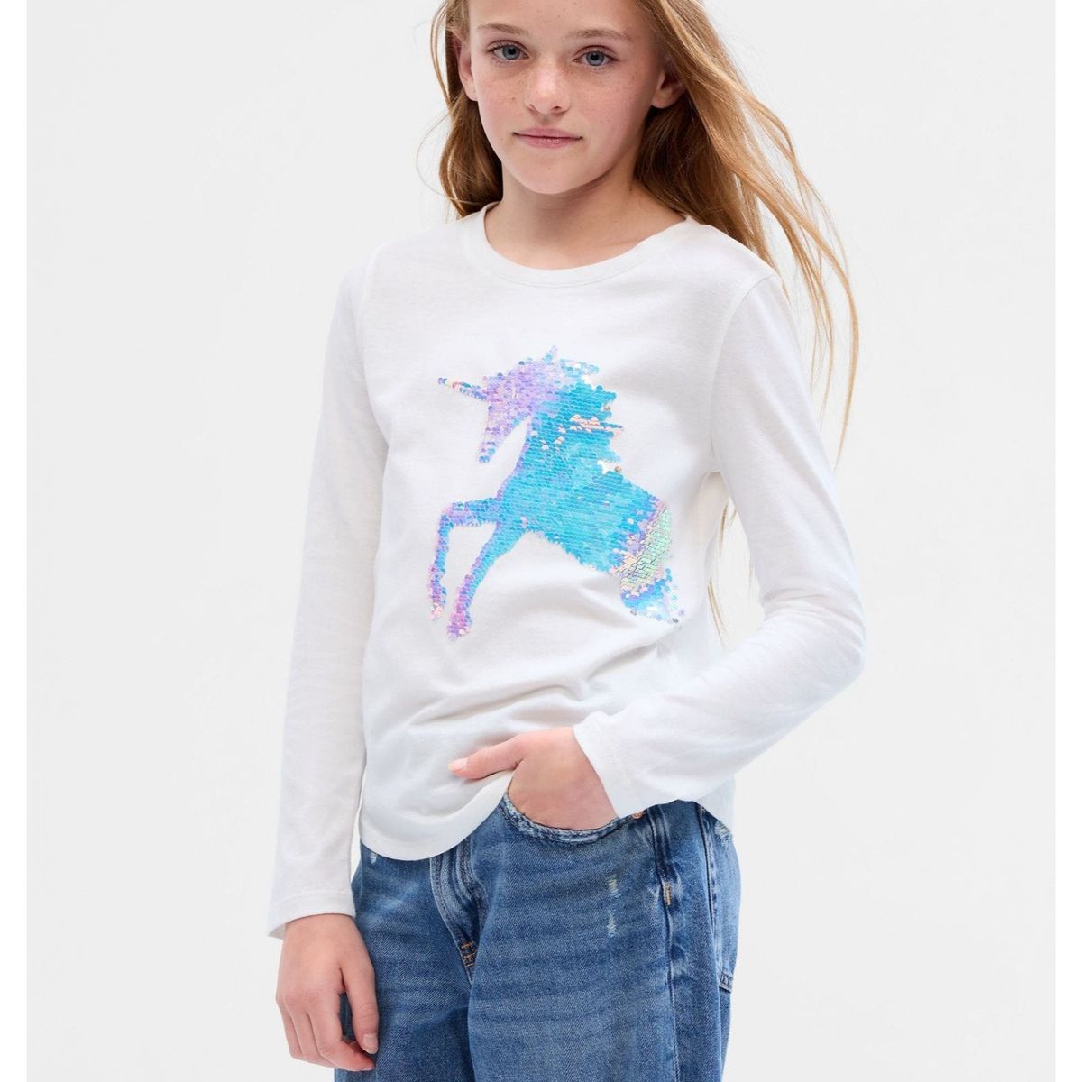 GAP - Polera Unicornio Lentejuela Manga Larga Niña Blanco