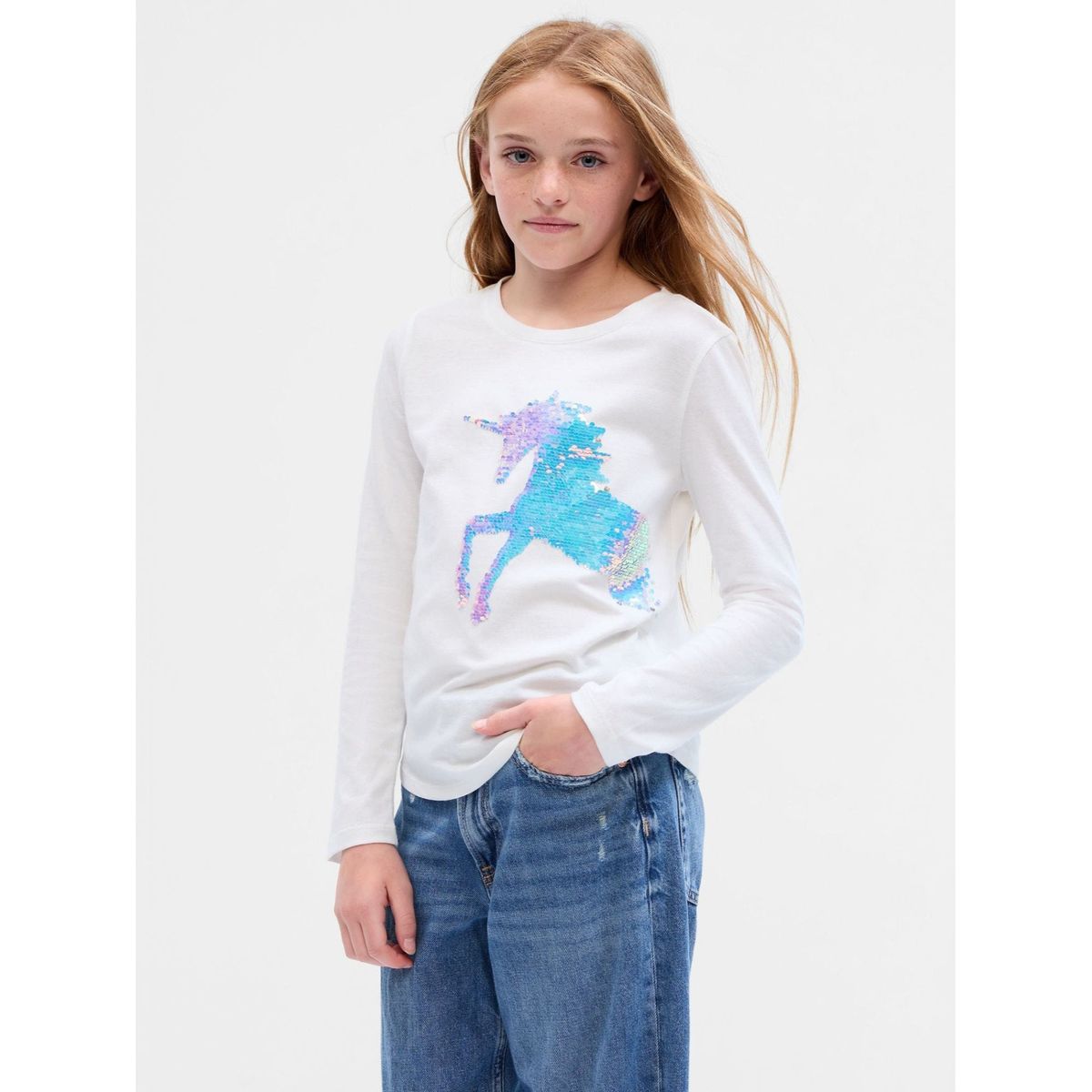GAP - Polera Unicornio Lentejuela Manga Larga Niña Blanco
