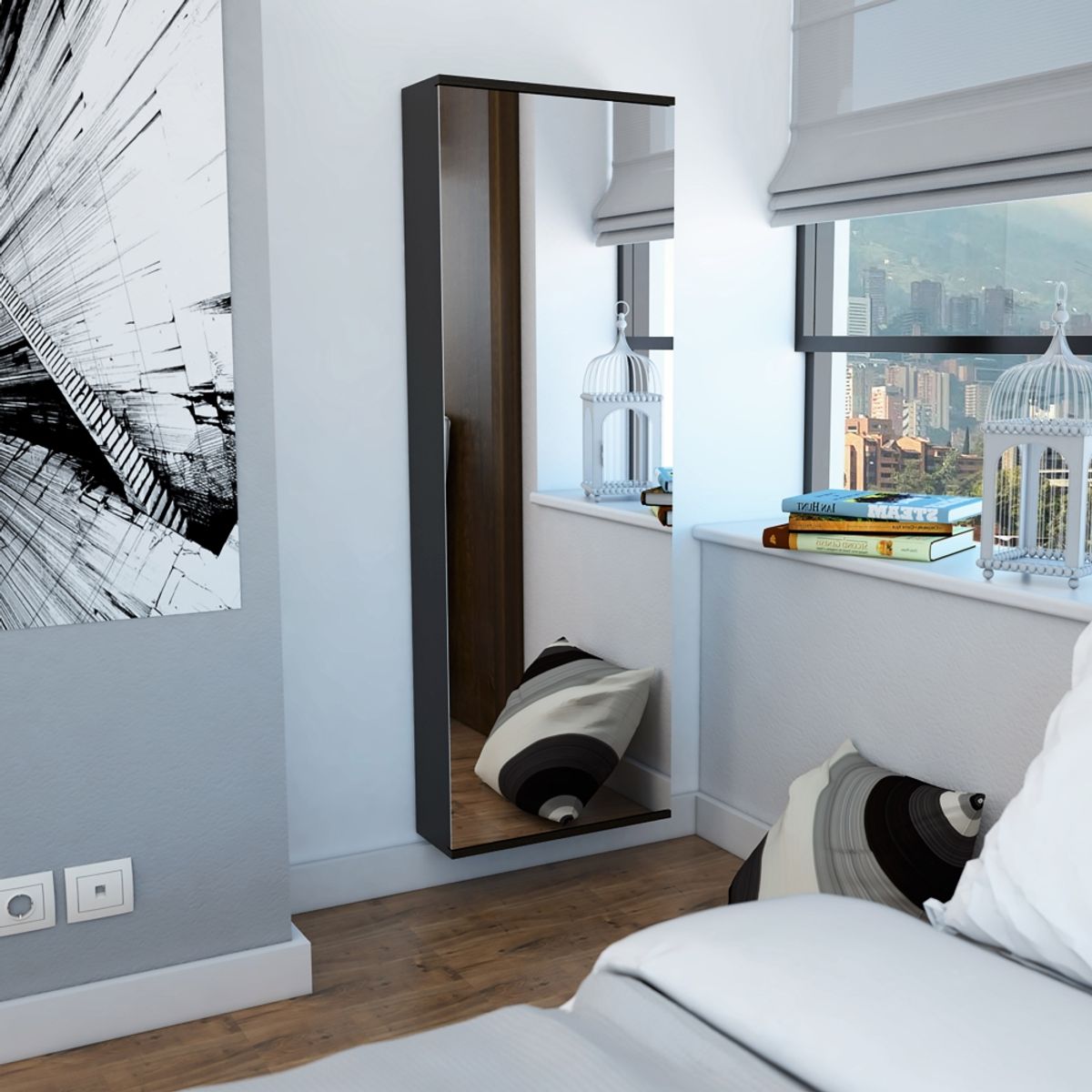 FMFURNITURE - Zapatero 1 Puerta Con Espejo - Negro 138x47x17.6 cm