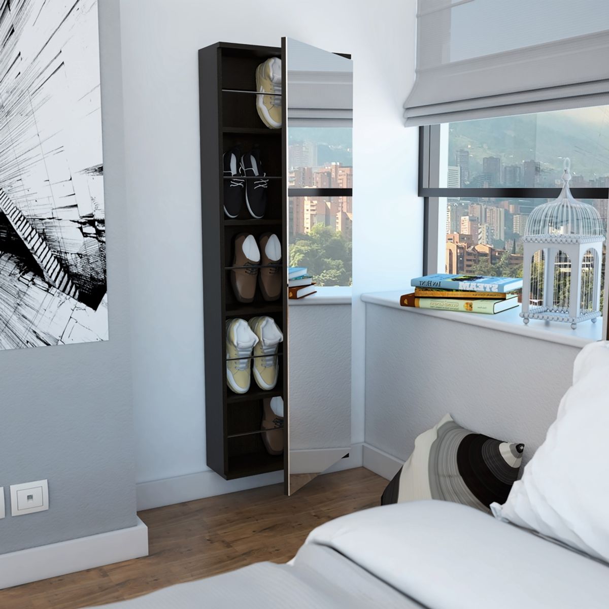 FMFURNITURE - Zapatero 1 Puerta Con Espejo - Negro 138x47x17.6 cm