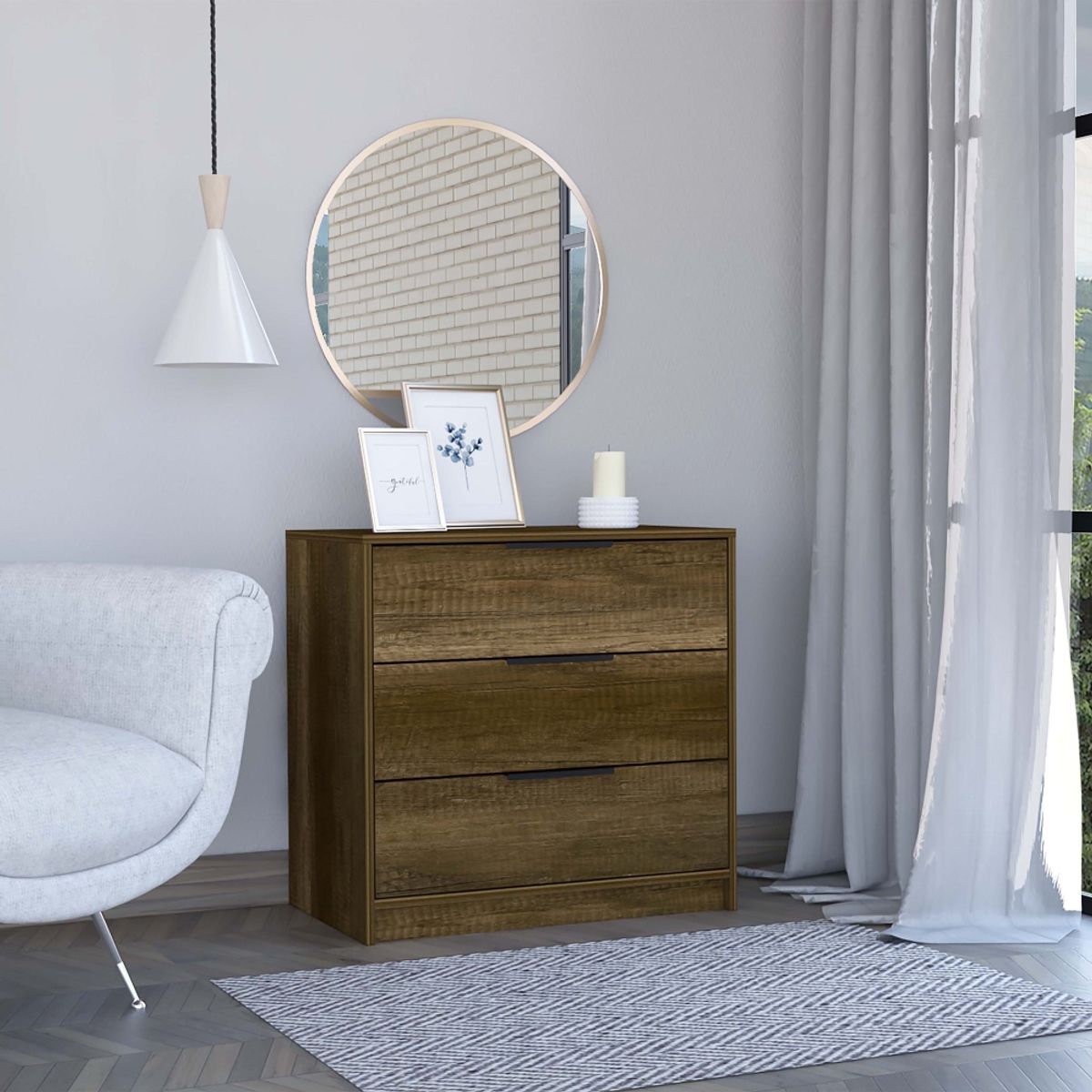 FMFURNITURE - Comoda 3 Cajones - Café Oscuro y Negro 68.7x70x41.3 cm…