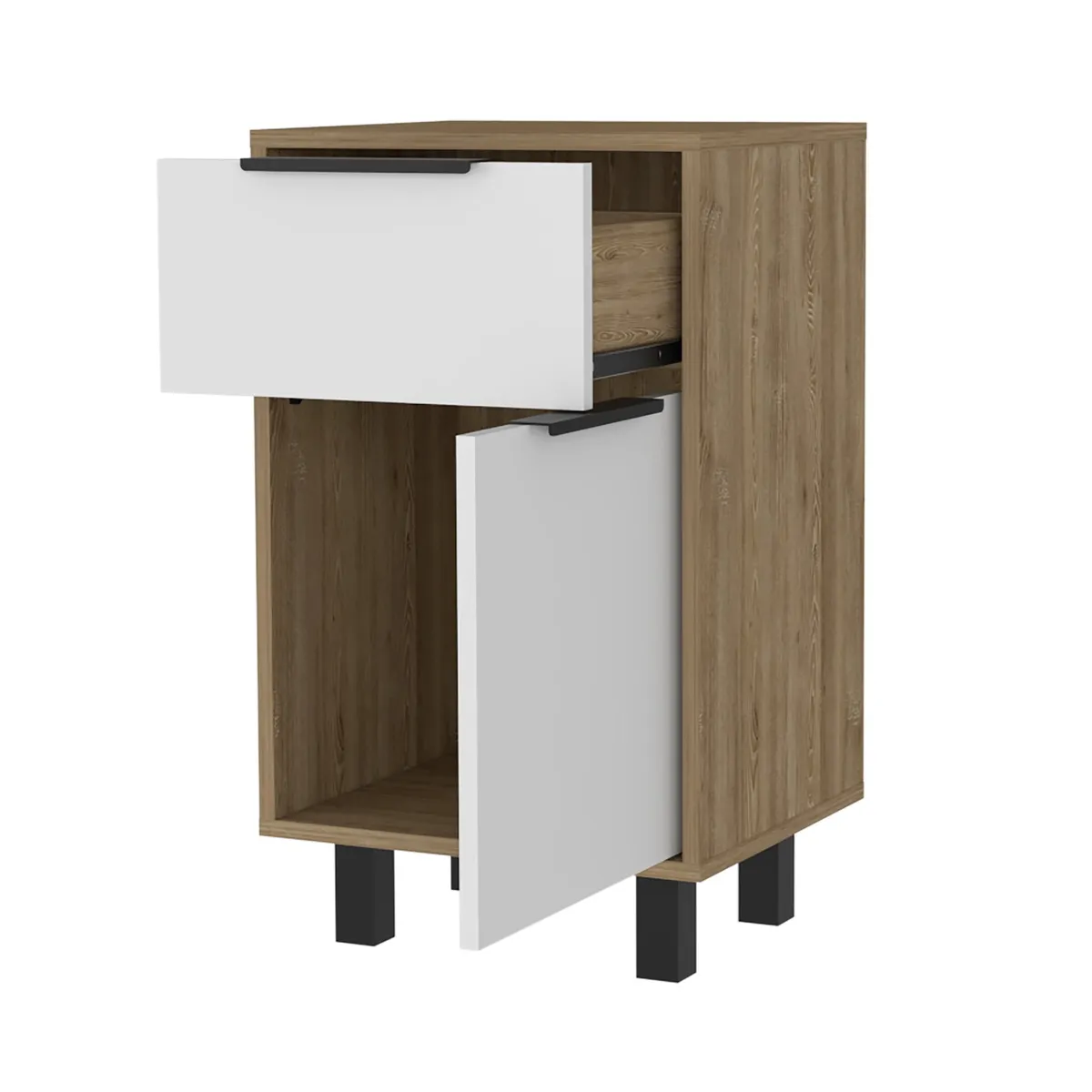 FMFURNITURE - Velador 1 Cajón 1 Puerta - Café Claro y Blanco 70x41x36.3 cm