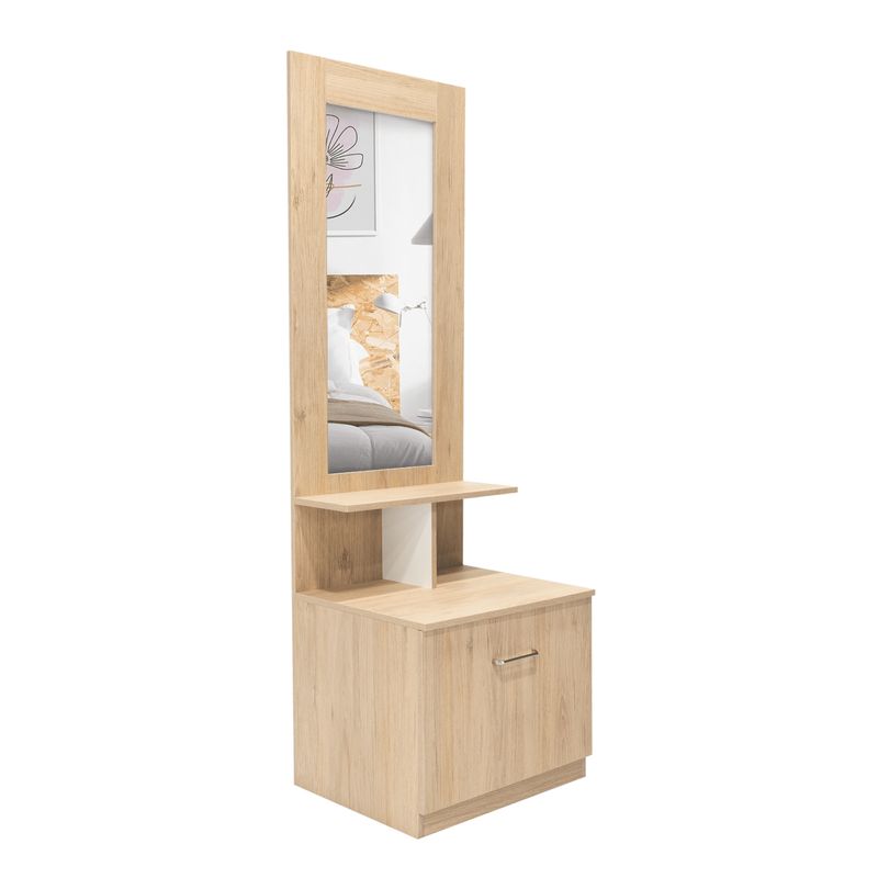 FMFURNITURE - Velador Multifuncional Con Espejo 1 Cajón - Café Claro 170.7x54x47.5 cm.