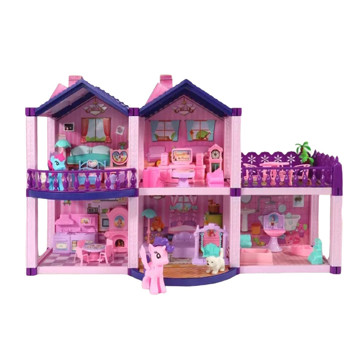 SPACEZAT - Casa de Muñecas Infantil con Muebles y Animales 60x22x38 cm