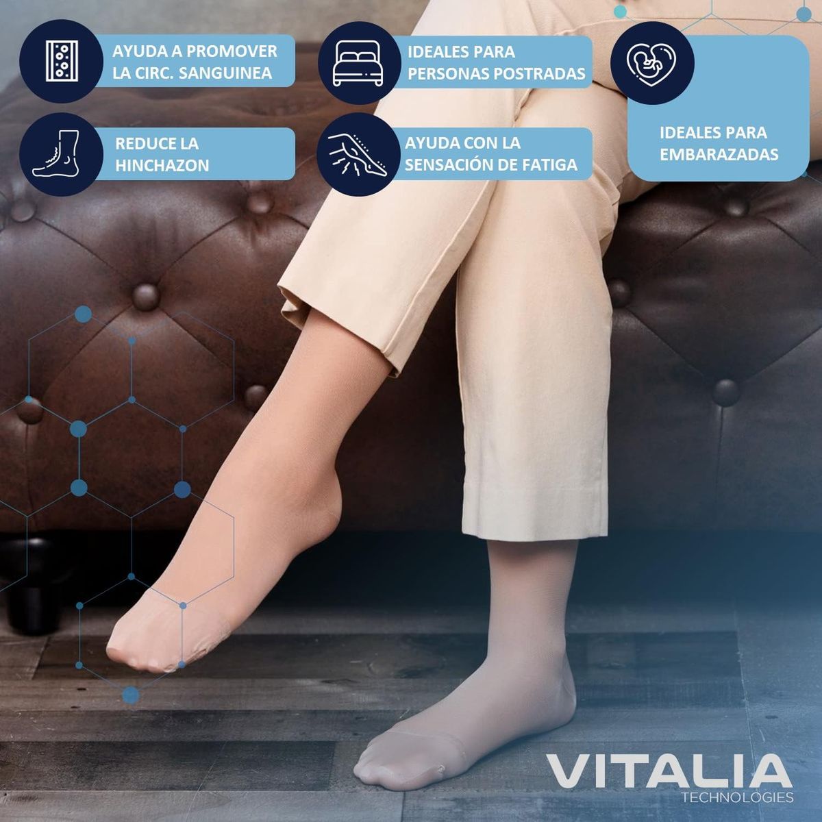 VITALIA TECHNOLOGY - Medias Calcetines de Compresion Unisex Pack 2 Vitala - Beige - L/XL