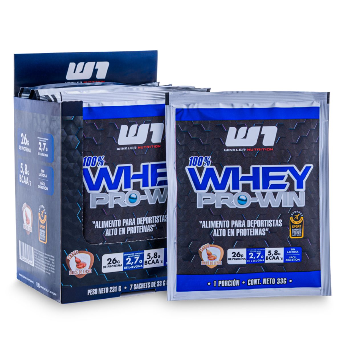 WINKLER NUTRITION - 7 Sachets Proteína Whey Pro Win 33 grs. Dulce de leche