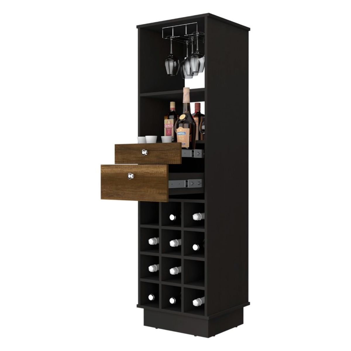 FMFURNITURE - Bar Alto 2 Cajones 12 Botelleros Fm-002C - Cafe Oscuro Y Negro