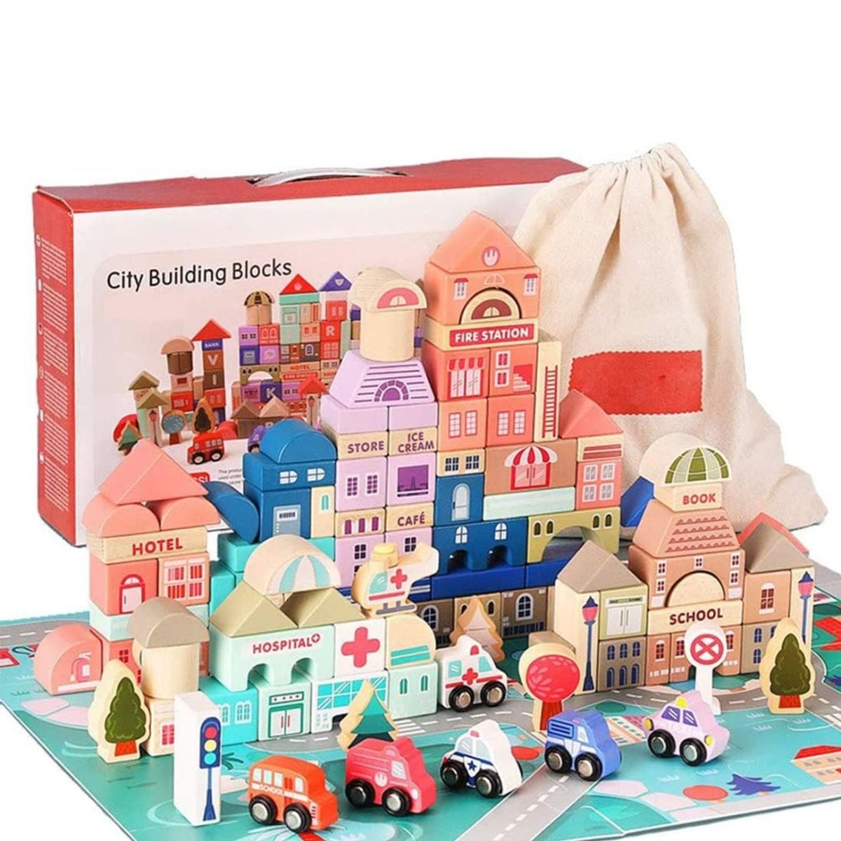 SPACEZAT - Kit de 115 Bloques de Construcción Madera Juguete Didáctico