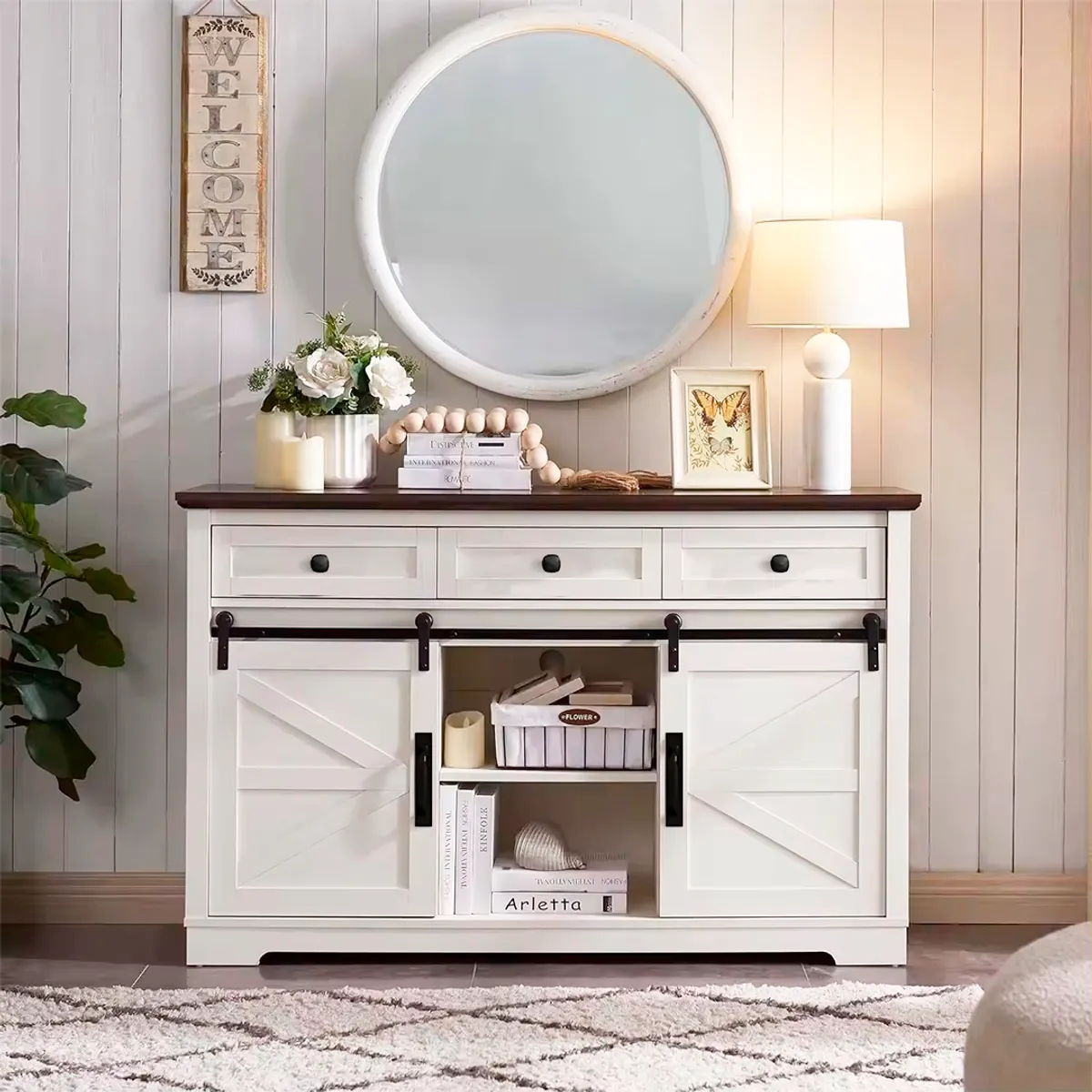 HOMIMAD - MUEBLE BUFFET COCINA BLANCO PARA LIVING O COMEDOR PUERTAS CORREDERAS