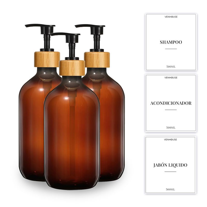 GENERICO - Pack 3 Dispensadores Jabón Botellas 500ml Montaje Pared Bambú Ambar