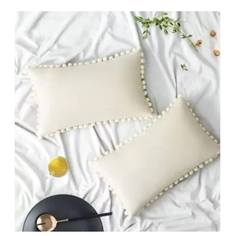 GENERICO - Pack 2 Fundas De Cojin Terciopelo Pompon 30x50cm blanco