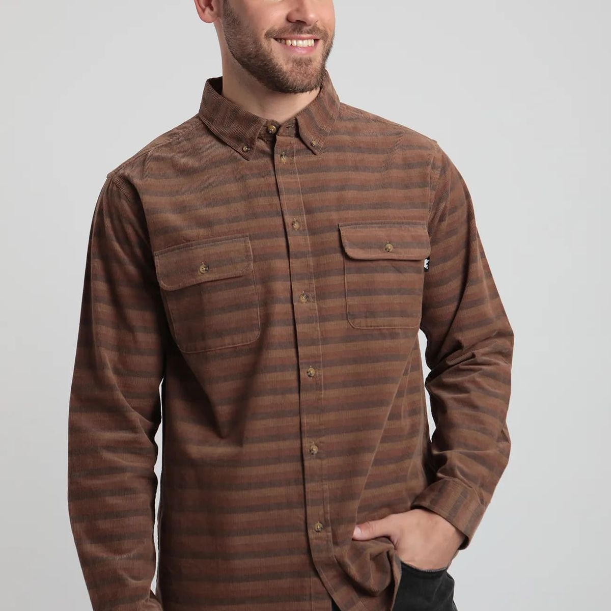 FROENS - Camisa manga larga hombre Corduroy  camel-Algodón orgánico