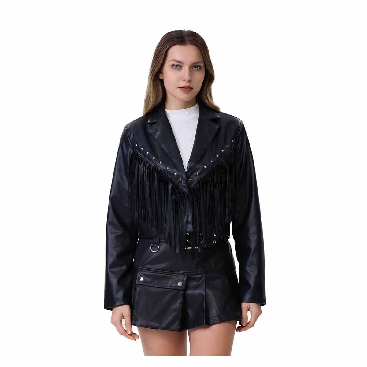 FASHION'S PARK - Chaqueta Mujer Efecto Cuero Flecos Negro Fashion's Park