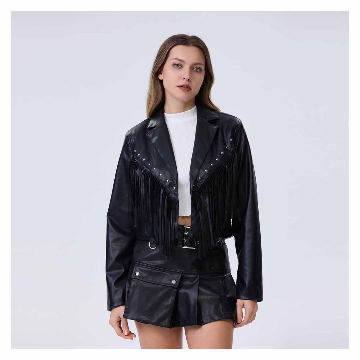 FASHION'S PARK - Chaqueta Mujer Efecto Cuero Flecos Negro Fashion's Park