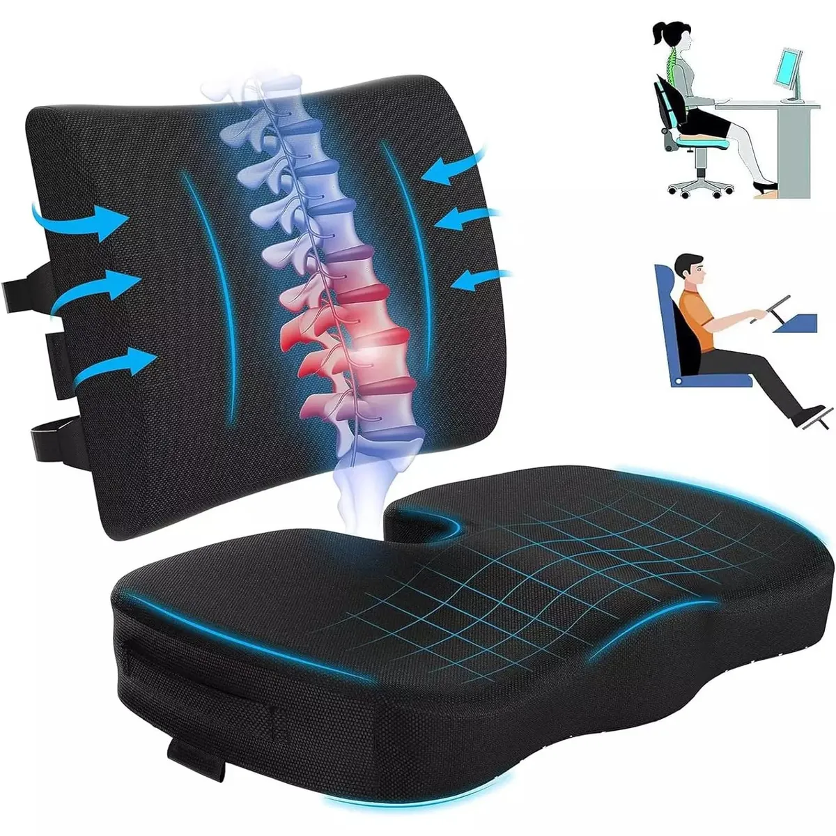 KUANGYE - Cojin Lumbar Y Asiento Para Coxis y Ciatica Lumbar--Negro