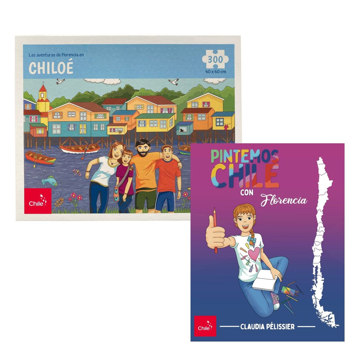 FLORENCIA Y SUS AVENTURAS - Libro Pintemos Chile con Florencia + Rompecabezas Chiloé