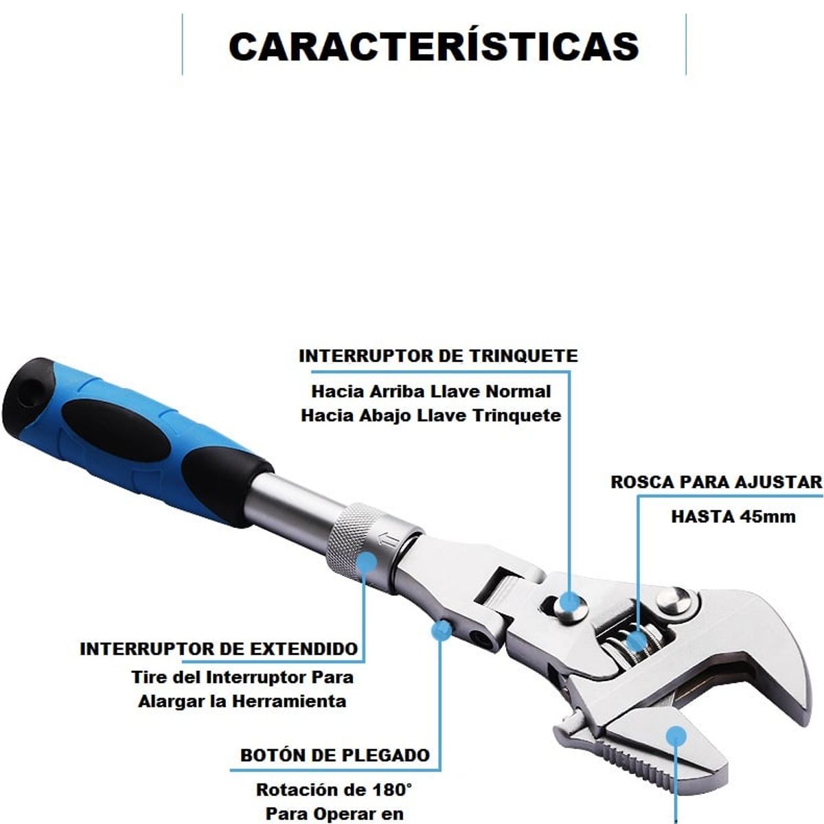 GENERICO - Llave Retráctil Francés Y Trinquete Cabezal Gira 180° Plegable