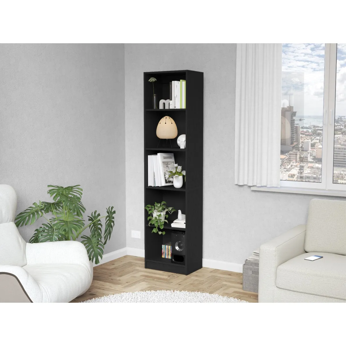 FMFURNITURE - Biblioteca Estante 5 Repisas Melamina - Negro 180.6x45x29.9 cm