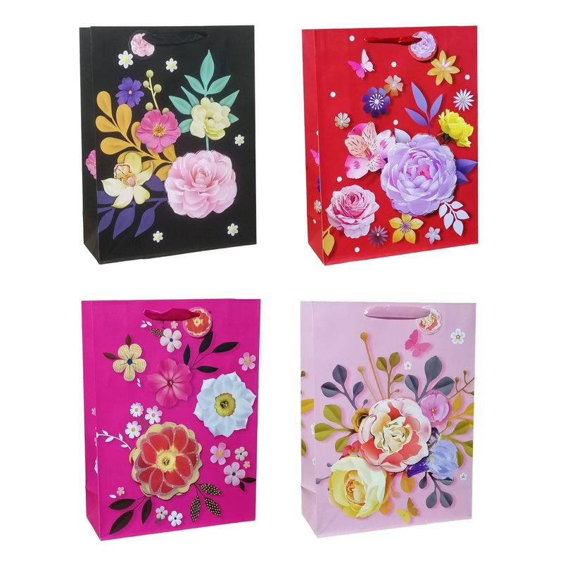 GENERICO - Pack 12 Bolsas De Regalo Mujer Flores Grandes 30x40cm