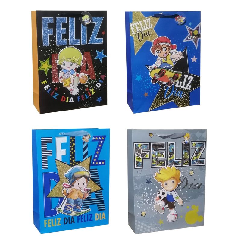 GENERICO - Pack 12 Bolsas De Regalo Niños Feliz Día Grandes 30x40cm