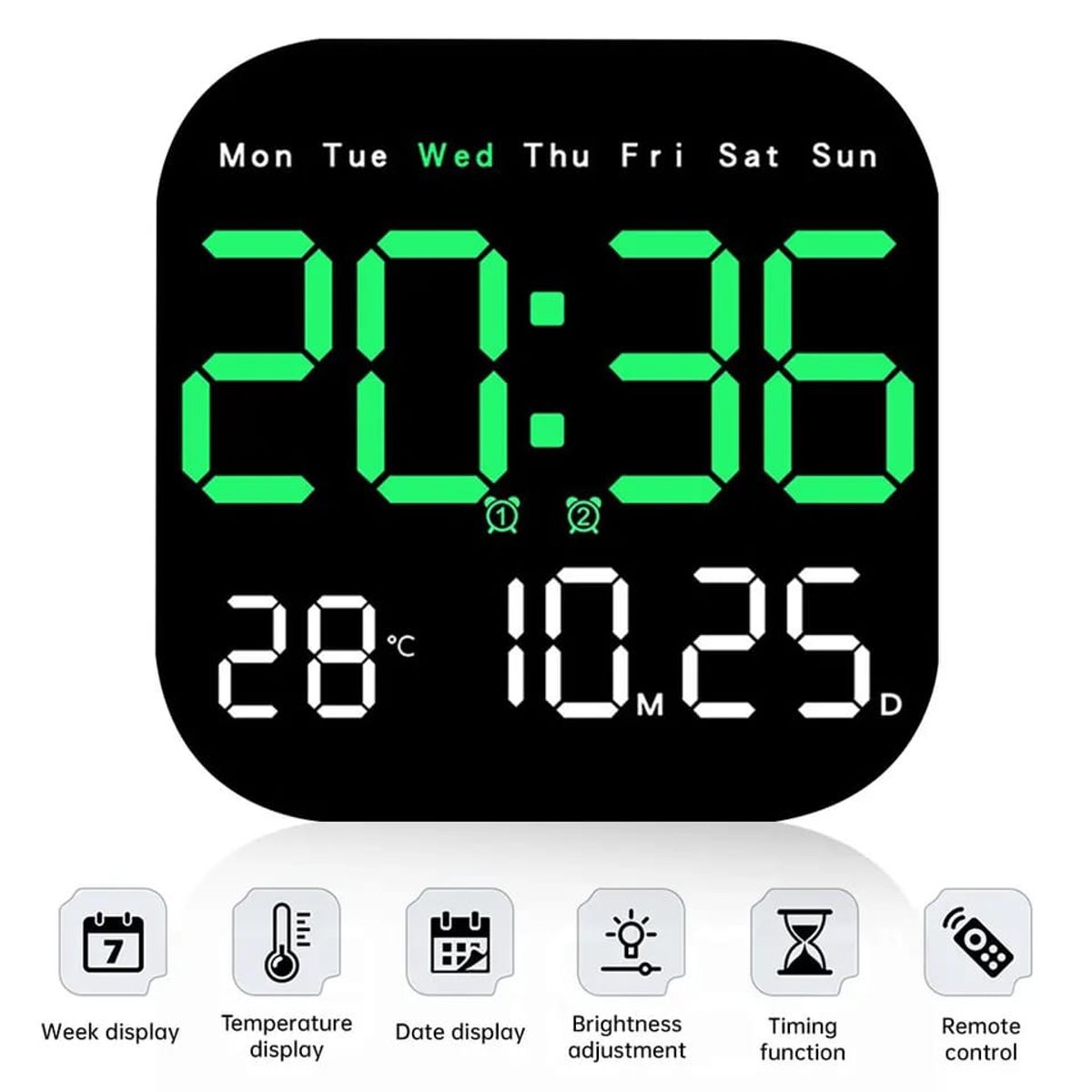 OEM - RELOJ DIGITAL DE PARED CUADRADO CON CONTROL REMOTO VERDE 6650