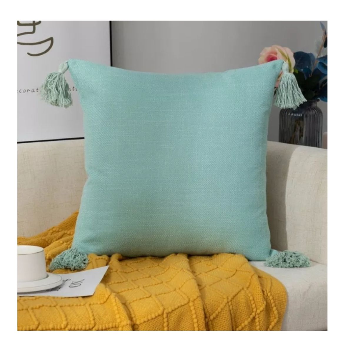 GENERICO - Funda Para Cojin De Lino Con Pompones 45x45cm