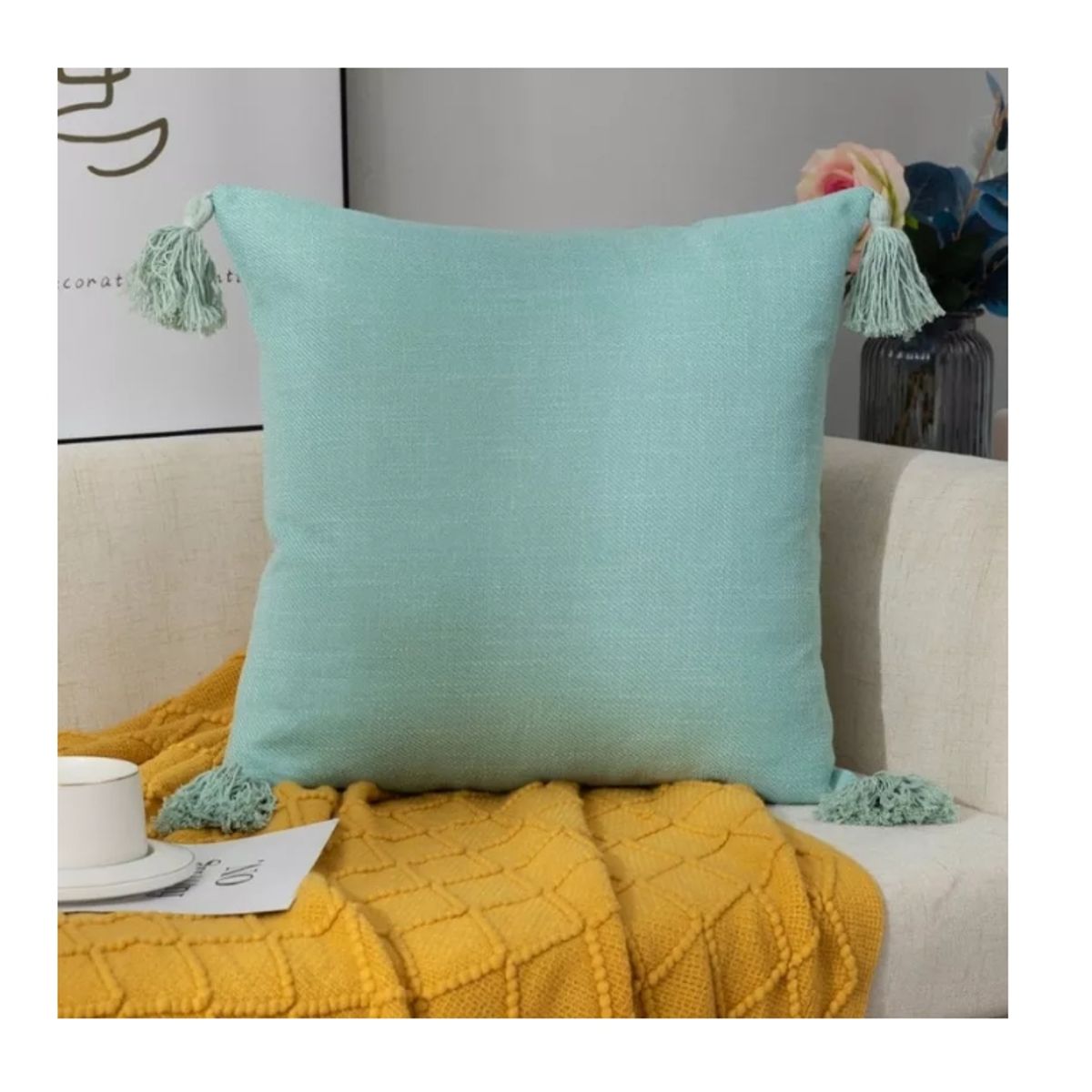 GENERICO - Funda Para Cojin De Lino Con Pompones 45x45cm