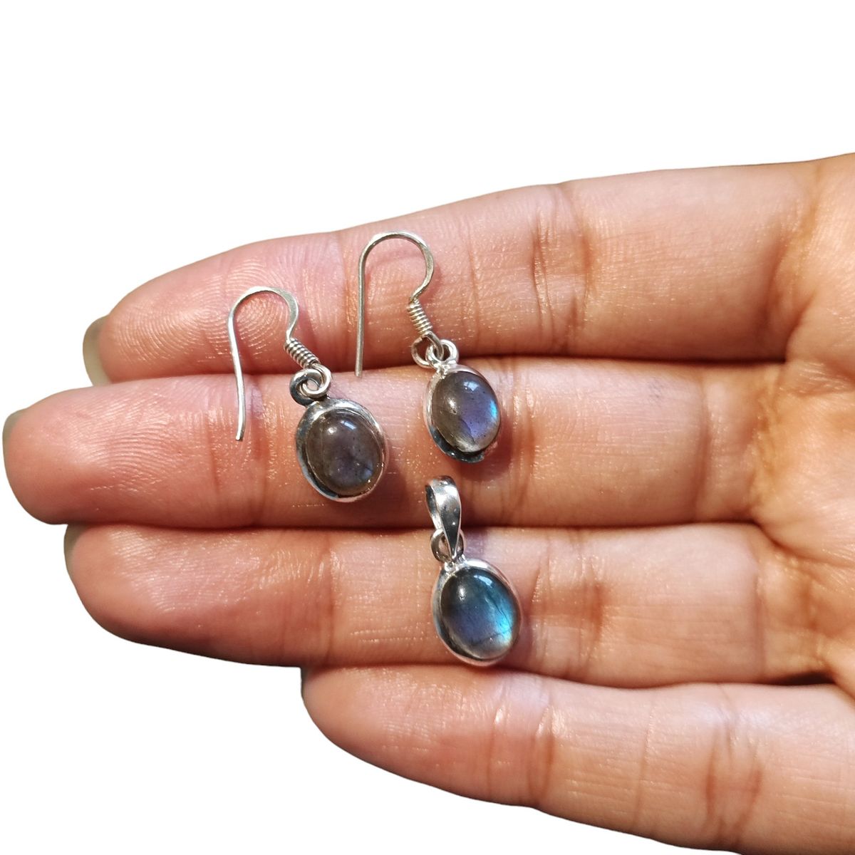 COGGIOLA - Set Aros y Colgante Labradorita Oval Plata Fina 925