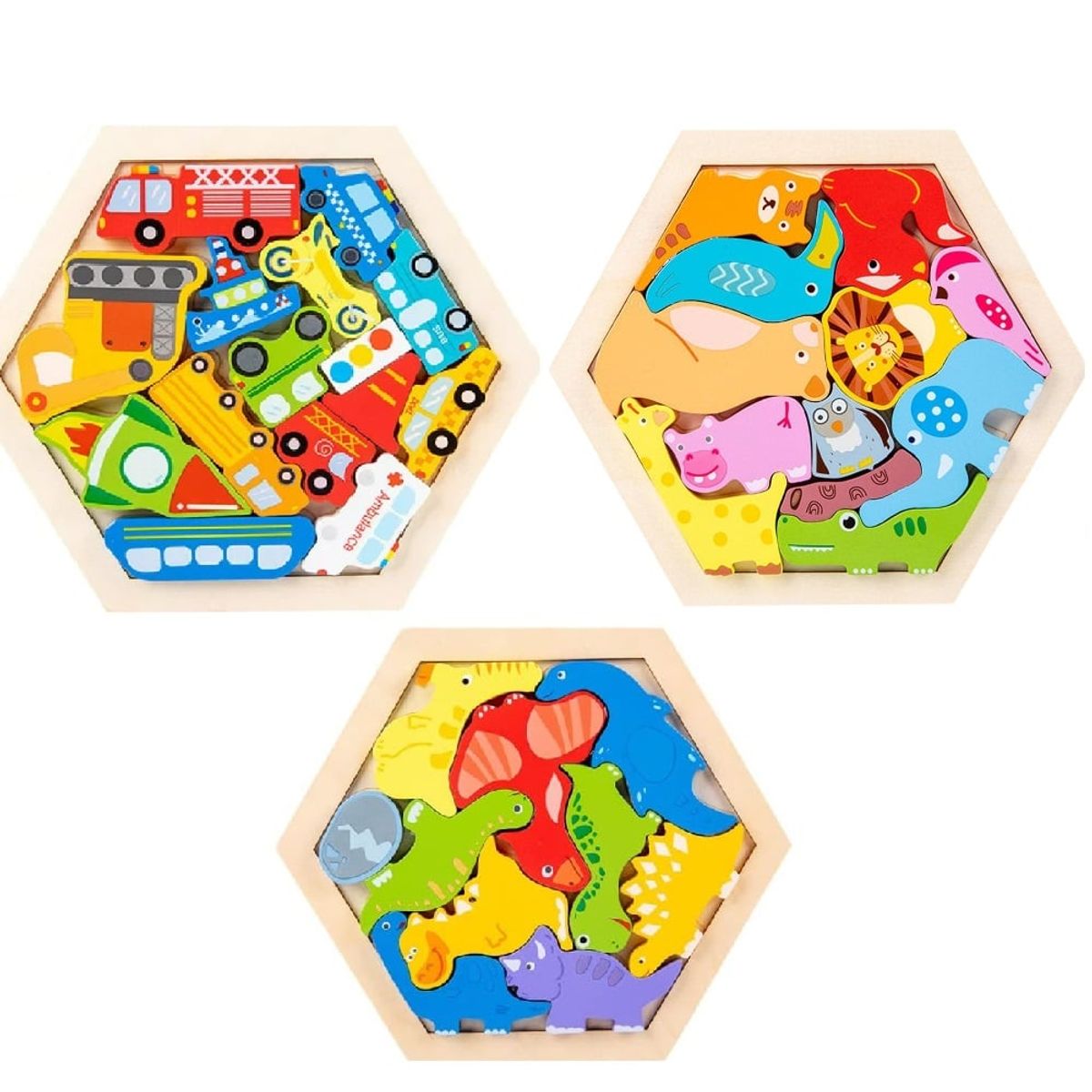 SPACEZAT - Set de 3 Puzzles de Madera, Autos, Dinosaurios y Animalitos