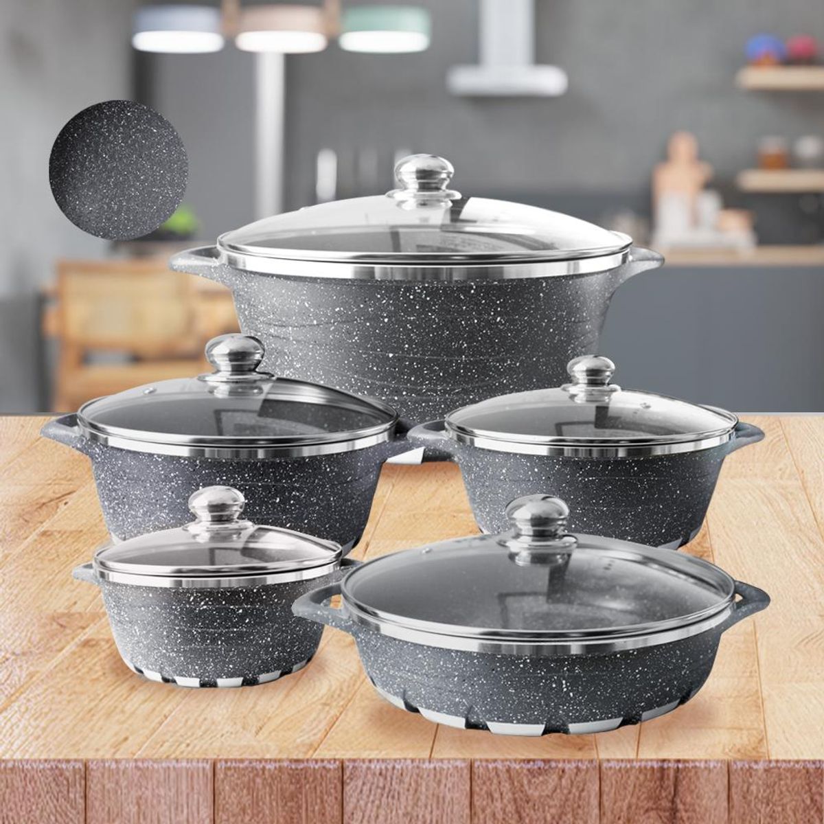 GENERICO - Batería de Cocina 10 Piezas Altas Granito Antiadherente GRIS