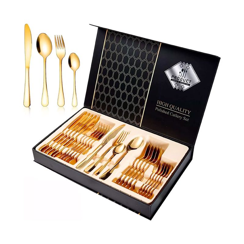 GENERICO - Juego de cubiertos set 24 piezas acero inoxidable dorado