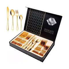 GENERICO - Juego de cubiertos set 24 piezas acero inoxidable dorado
