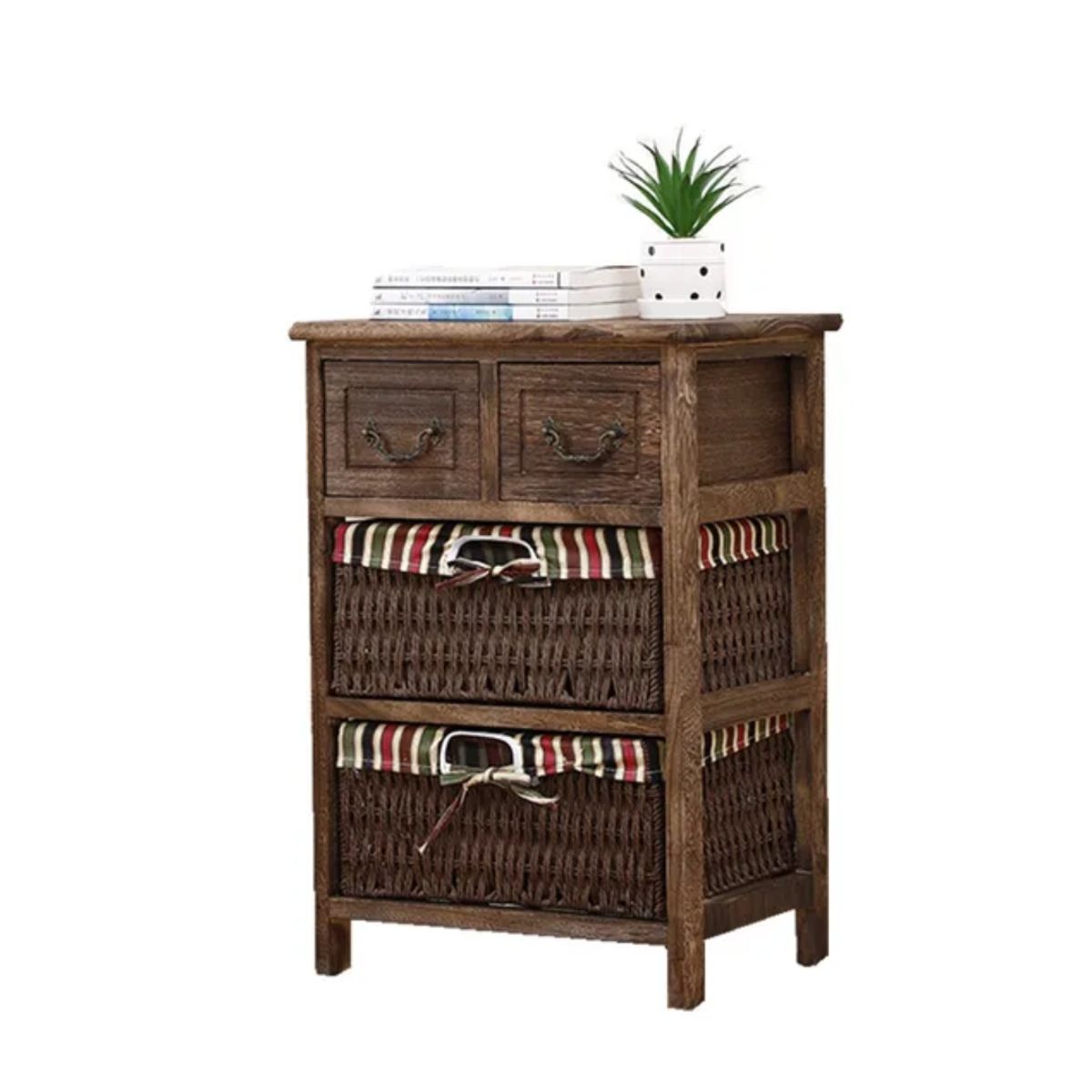 GENERICO - MESA DE NOCHE DOS CANASTOS RATAN CON DOS CAJONES COLOR CAFE