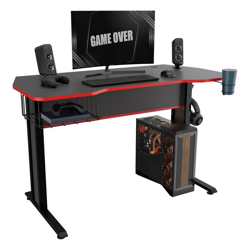 INVAL - Escritorio Gamer Plomo Canto Rojo 73cmx120cmx60 cm