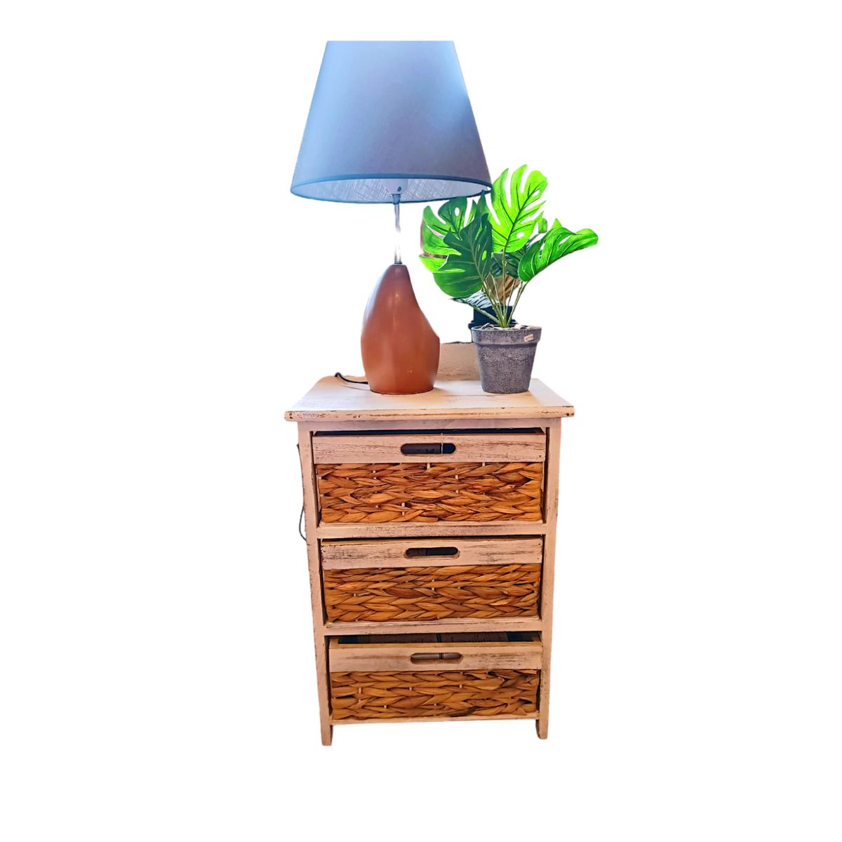 GENERICO - MESA DE NOCHE BLANCO DE TRES CAJONES CON TEJIDO MAIZ NATURAL