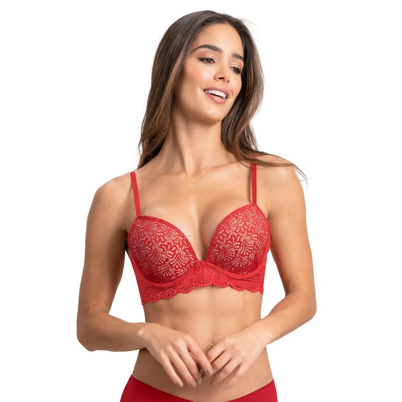 LEONISA - Sostén doble realce escote profundo elaborado en encaje 71345 Rojo Medio