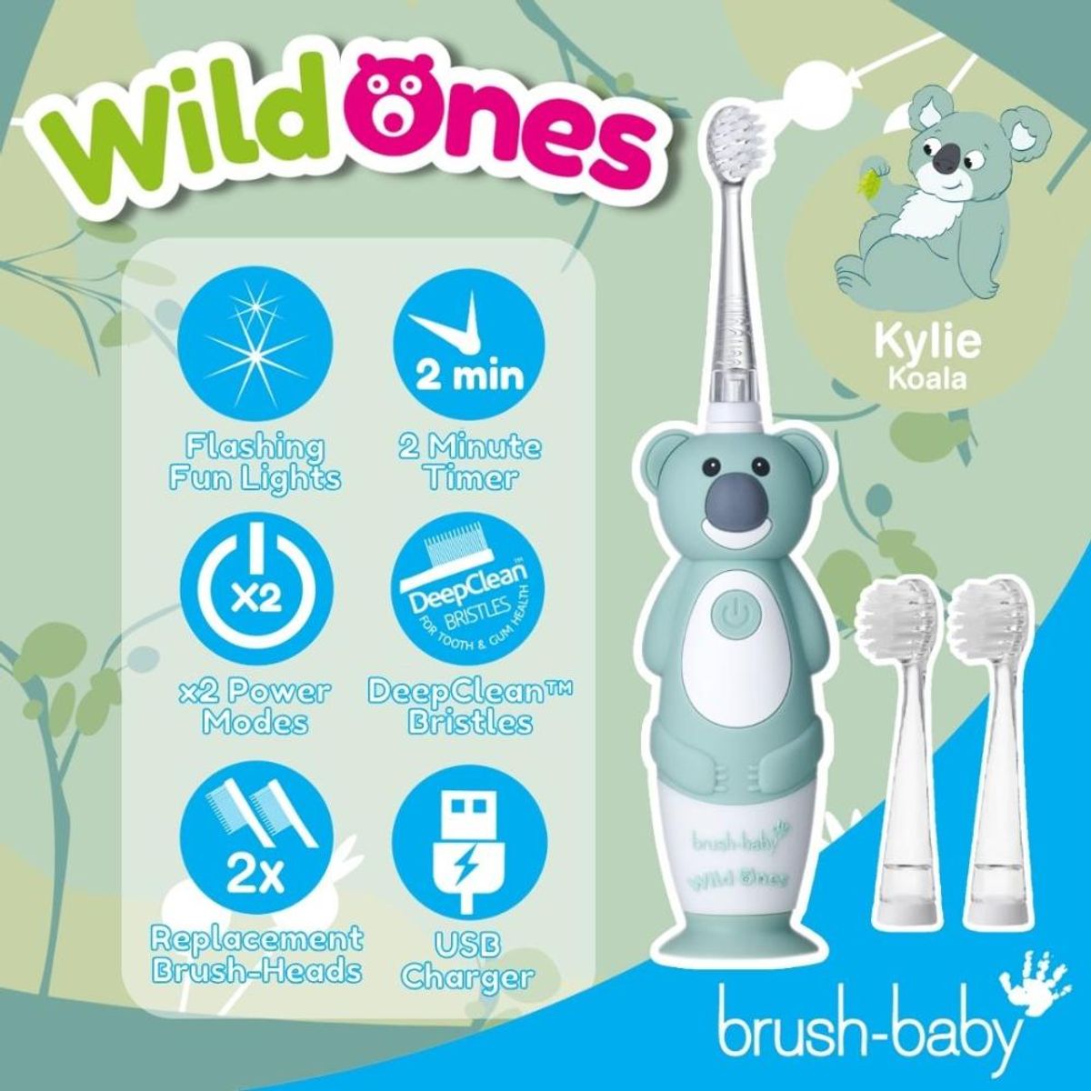 BRUSH BABY - Cepillo de Dientes Eléctrico Recargable para Niños WildOnes BRUSH BABY